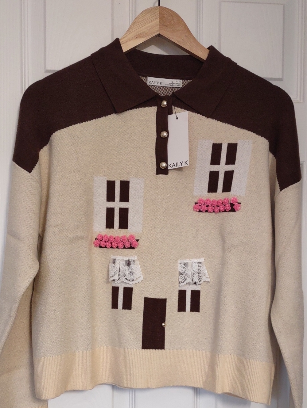 Kaily K- House Pullover Polo Sweater NWTS. Size Large Whimsical